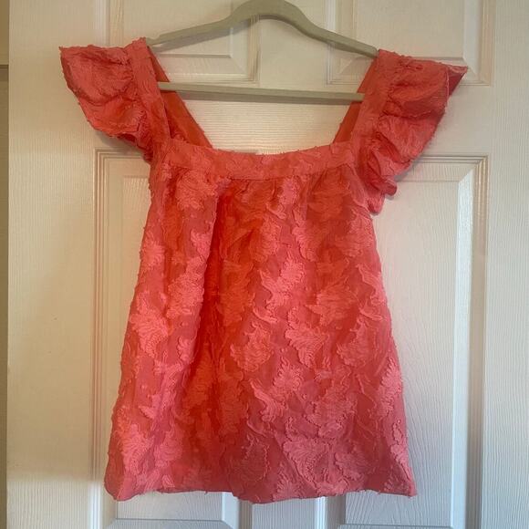 By Anthropologie Amber Tank Top Coral Ruffle Criss-Cross Straps Textured size XL - Picture 1 of 13